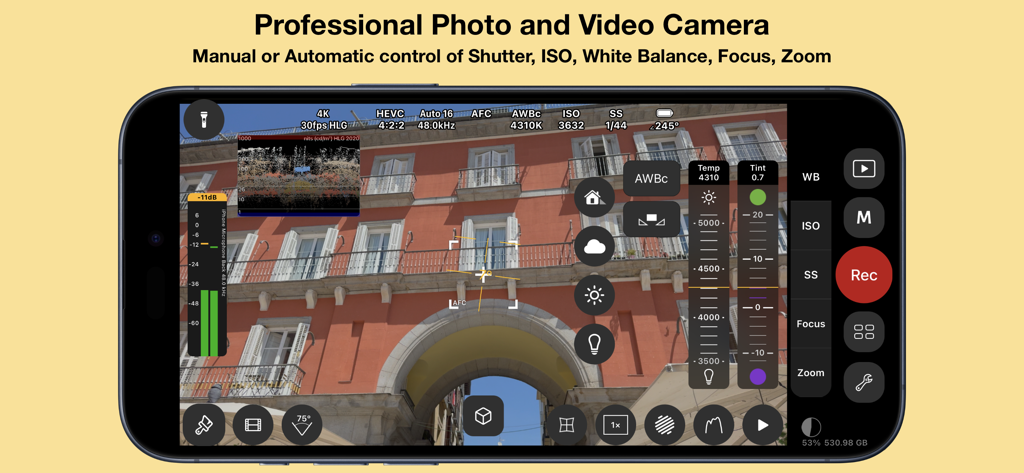 Cinema P3 Pro Camera - Smartphone screen displaying the Cinema P3 Pro Camera app interface with manual settings for ISO shutter speed and white balance