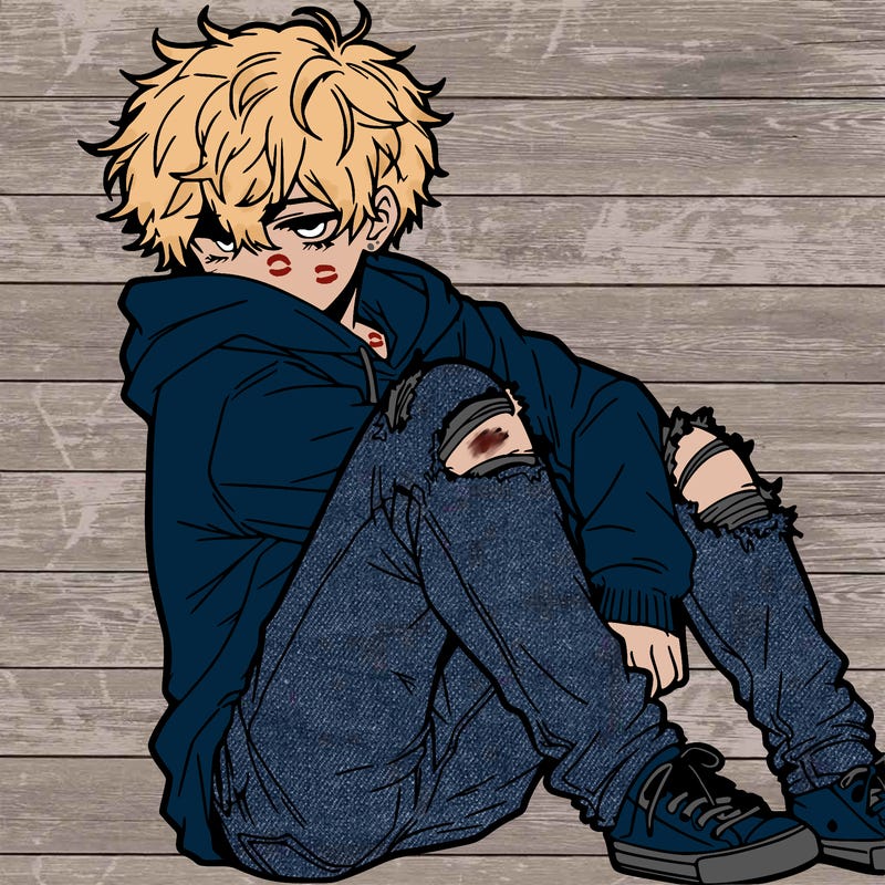 a male hoddie ripped jeans messy hair anime