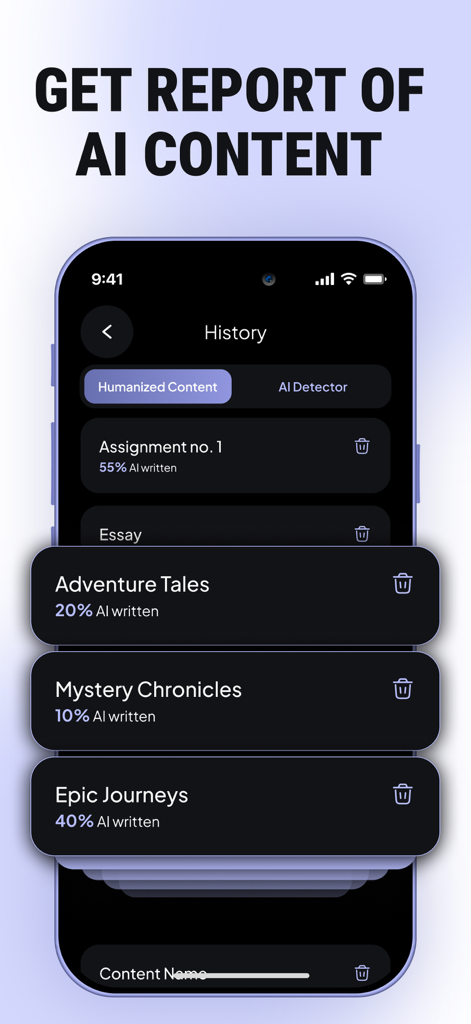 AI Detector - Text Humanizer - AI detector history screen showing reports and AI written percentage scores