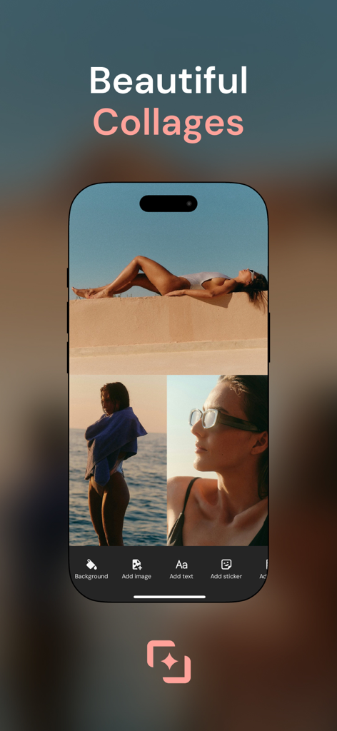 Collagio: Photo Collage Editor - iPhone screen showing the Collagio app interface with a beautiful three-image photo collage and editing tools