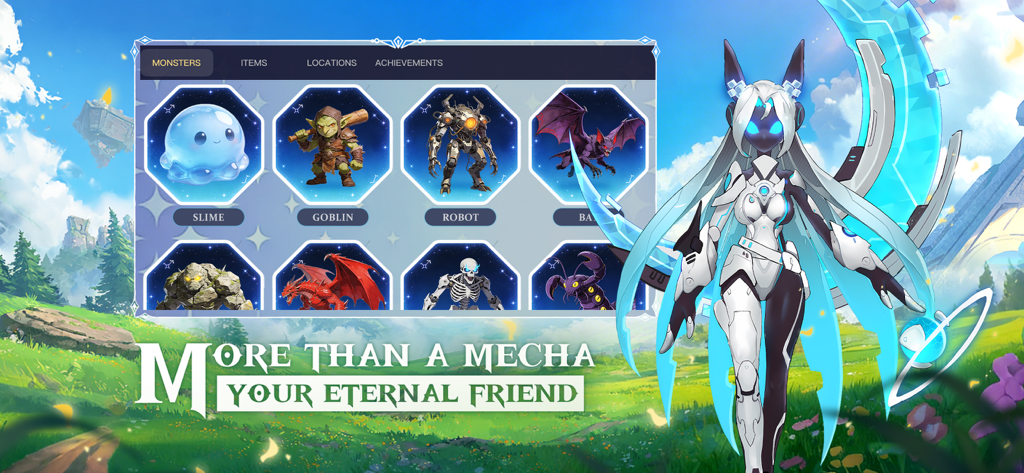 Tales of Mecha - An anime-style mecha character standing in front of a monster collection menu featuring slimes and goblins