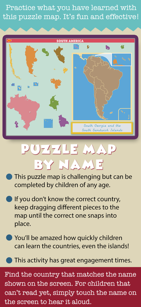 Montessori Ultimate Geography - South America country puzzle map activity for children in the Montessori Ultimate Geography app