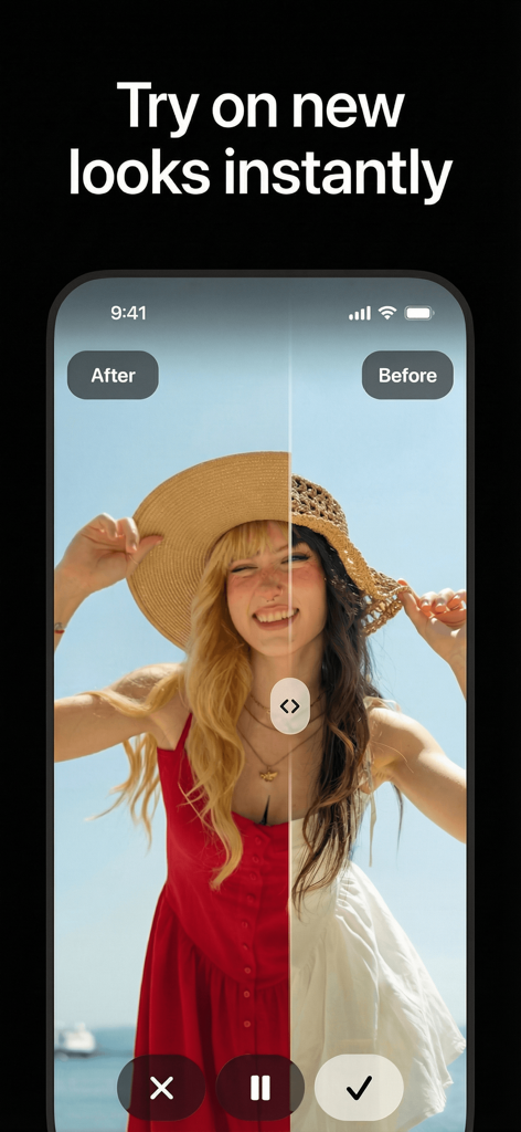 Una comparación antes y después de una mujer usando IA para cambiar su color de cabello y atuendo