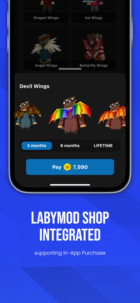 LabyMod - LabyMod App-Shop-Oberfläche mit Charakter-Kosmetika, einschließlich Teufelsflügeln und Engelsflügeln mit einer Kaufschaltfläche