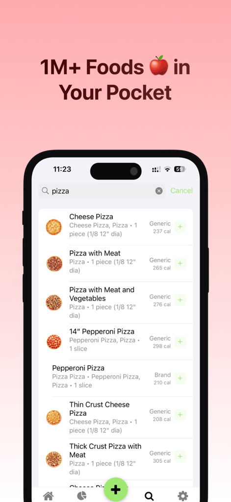 HealthMaxx: AI Calorie Tracker - Interface de busca de alimentos do aplicativo HealthMaxx mostrando várias opções de pizza e contagens de calorias