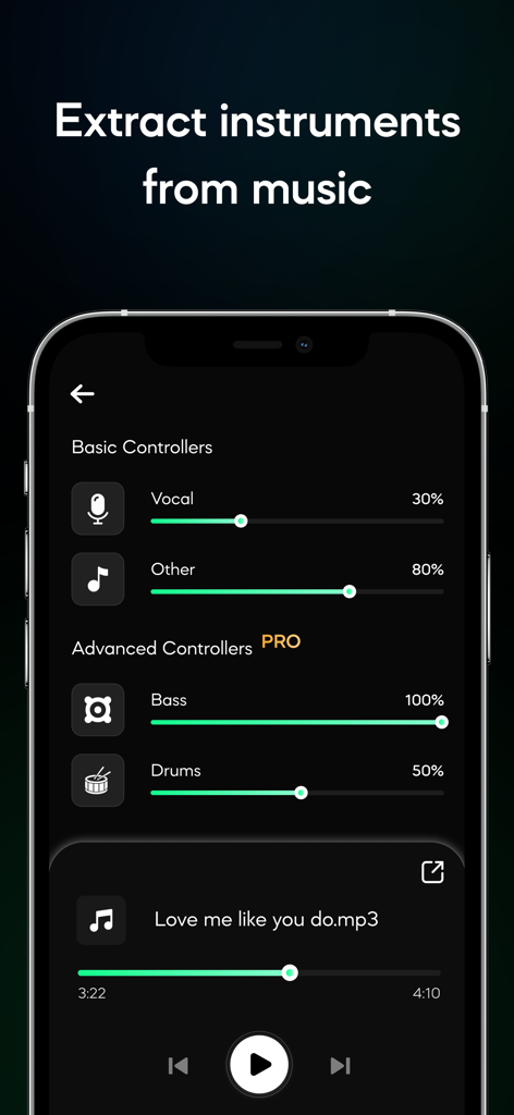 Vocal Remover Music - AI Vocy - AI Vocy mobile app interface showing sliders for extracting vocals bass and drums from a song