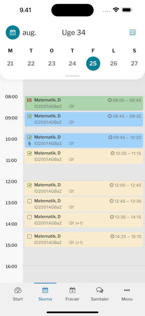 Studie+ - A mobile app interface showing a students daily school schedule with class times and subjects
