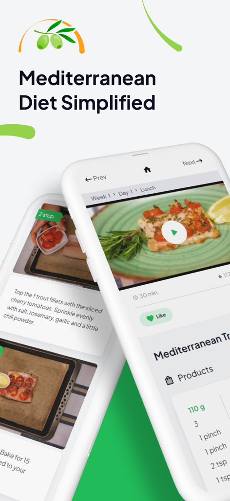My Mediterranean app interface showing a fish recipe with step by step cooking instructions and ingredients