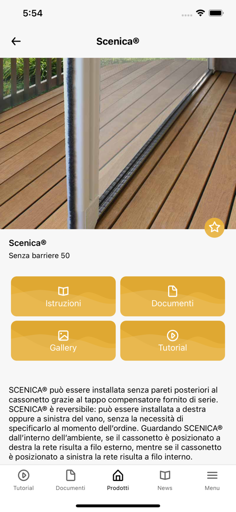 Dettagli del prodotto dell'app Bettio per il modello di zanzariera Scenica, incluse istruzioni e tutorial.
