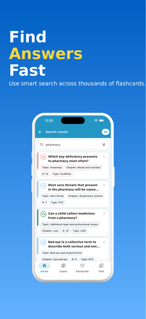 Flash Pharmacy - Smartphone screen showing search results for flashcards in the Flash Pharmacy app