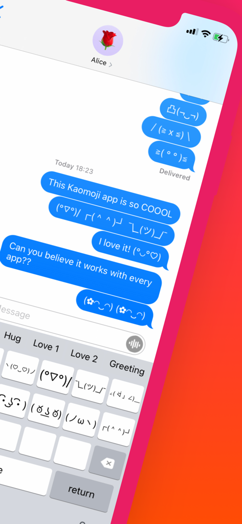 Captura de tela do iPhone do teclado Kaomoji+ usado em uma conversa de texto