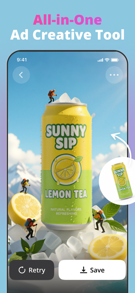 Smartphone screen showing Kwik AI app interface with an AI generated product advertisement for a lemon tea can in a creative mountain and ice scene