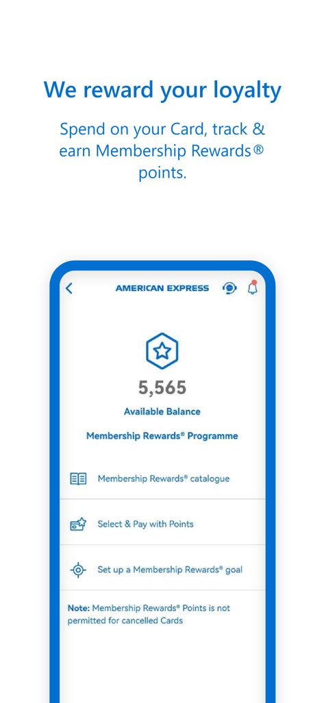 A screenshot of the Amex MENA app interface displaying a Membership Rewards points balance and redemption options.