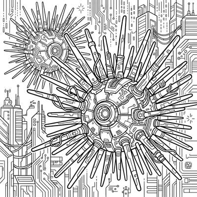 Explore a mesmerizing fusion of marine life and futuristic technology with our unique Cyberpunk Diadema Urchins coloring page. This intricate design features robotic details and a high-tech cityscape, perfect for an engaging coloring session.