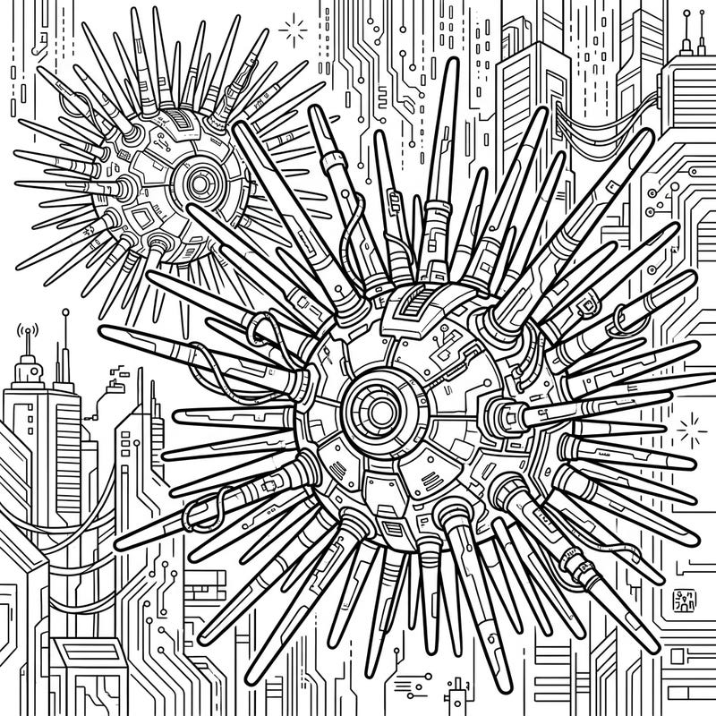 Explore a mesmerizing fusion of marine life and futuristic technology with our unique Cyberpunk Diadema Urchins coloring page. This intricate design features robotic details and a high-tech cityscape, perfect for an engaging coloring session.