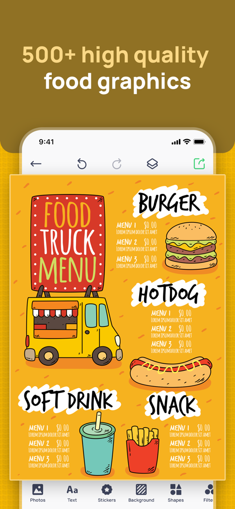 A colorful food truck menu template being edited in the Menu Maker app featuring burger and hotdog illustrations.