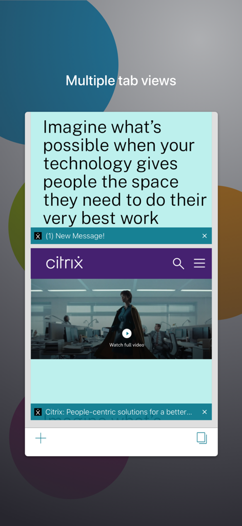 Citrix Secure Web app interface showing multiple open browser tabs for secure mobile browsing