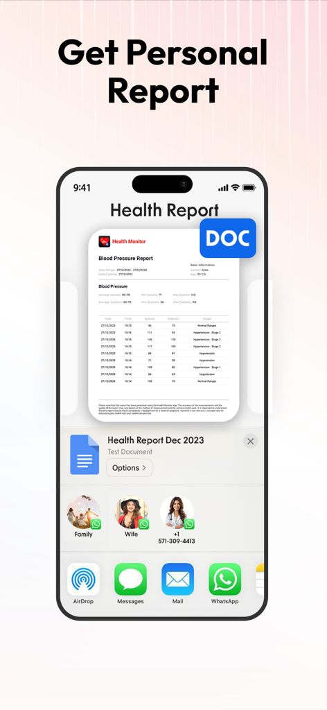BP & Heart Rate Monitor - A mobile app screen showing a personal health report ready to be shared with doctors