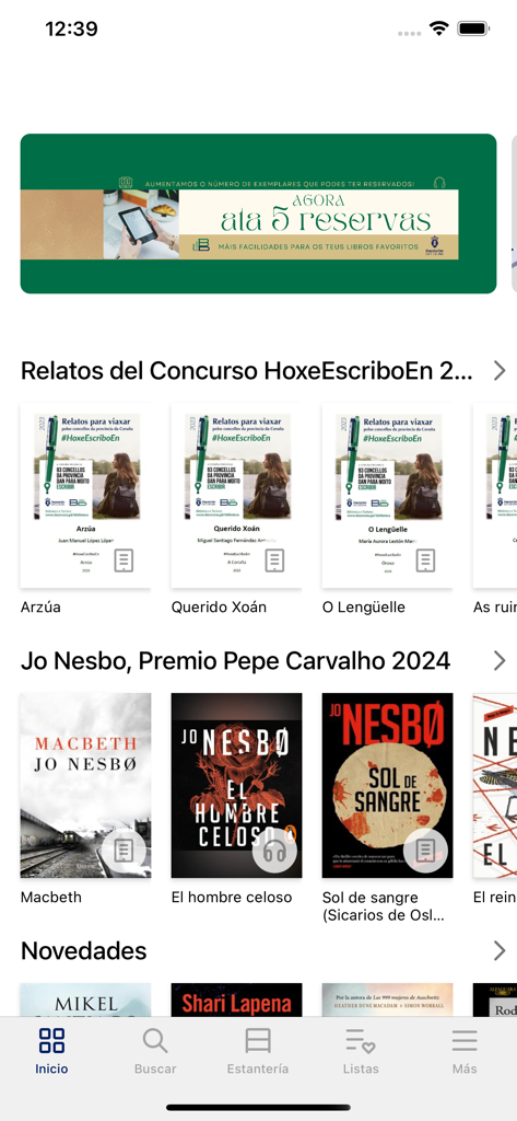 eBiblio DaCoruna - Pantalla de inicio de la app de biblioteca digital eBiblio DaCoruna mostrando colecciones de libros y menú de navegación