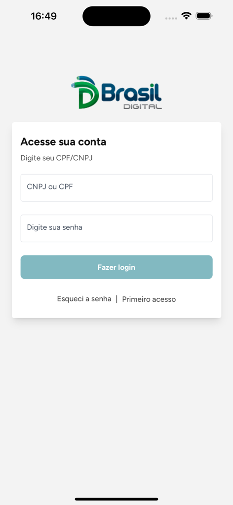 Login screen of the Brasil Digital Telecom app with input fields for CPF or CNPJ and password for account access