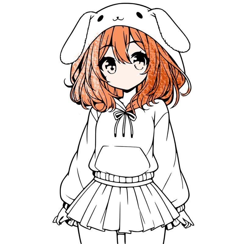 pretty anime girl wearing a fluffy hoodie with bunny ears on the hood and a skirt