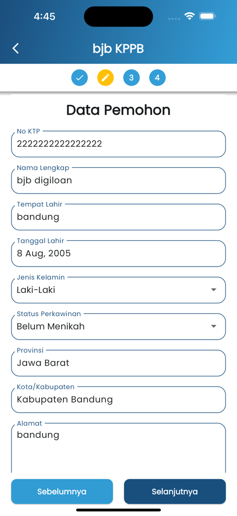 A mobile app screen displaying a loan application form with fields for personal information such as name and address in Indonesian