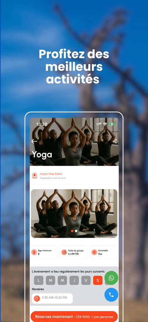 ATAYA : Activities, Matching - Ataya app interface showing details for a yoga group activity at Impact Hub Dakar