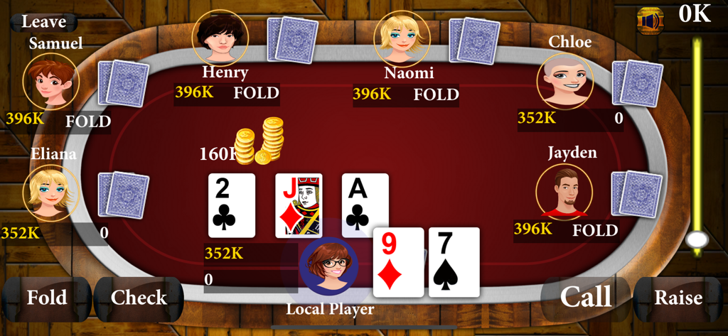 Golden Texas Holdem Poker - Table de poker numérique Texas Hold'em montrant les avatars des joueurs, les cartes communes et les boutons d'action de jeu