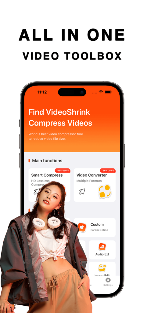 Video Compressor & Converter - Shotcut 비디오 압축기 및 변환기 앱 인터페이스, 모바일 비디오 편집을 위한 올인원 도구 상자를 보여줌