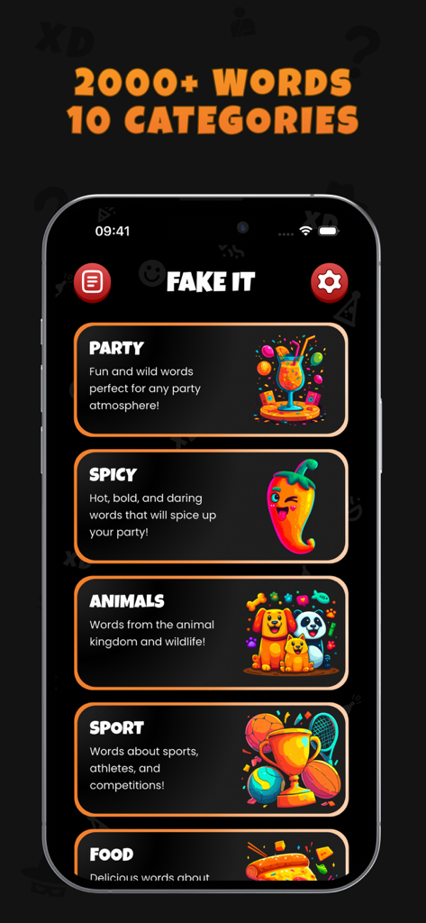 Fake It - Guess The Imposter - Screenshot of the Fake It mobile app displaying social deduction game categories like Party, Spicy, and Animals.
