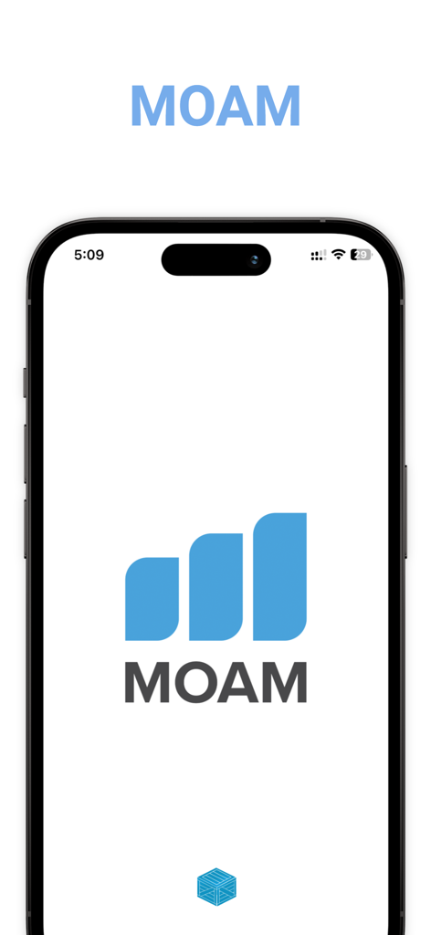 MOAM - Splash screen of the MOAM courier app featuring its blue bar logo on a white background.