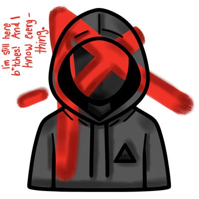 a person with non face waering a hoodie with a small triangle symbol