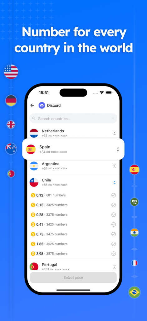 Receber SMS - Temp numbers OTP - A smartphone screen showing a list of international temporary phone numbers for SMS verification with prices and country flags.