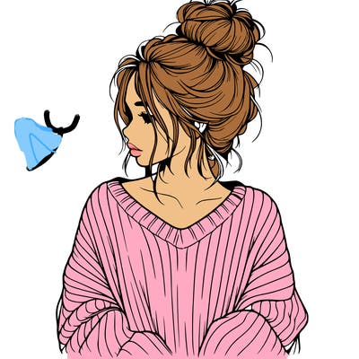 realistic girl wearing a messy bun and an oversized sweater
