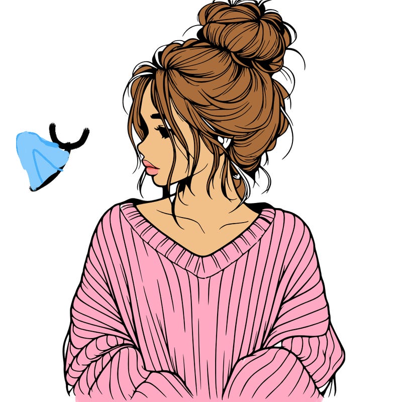 realistic girl wearing a messy bun and an oversized sweater