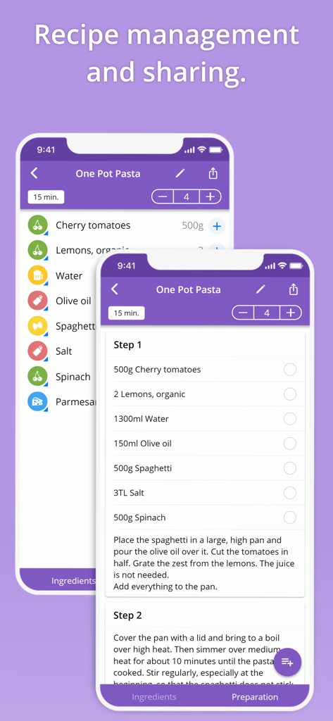 That Shopping List - Mobile app interface for recipe management and sharing showing ingredients and preparation steps for a pasta dish