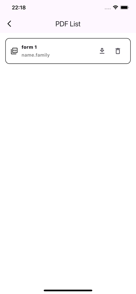 ダウンロードまたは削除のオプションが記載された保存済みフォームが表示されているForm MakerアプリのPDFリスト画面。
