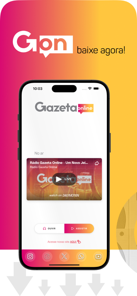 Gazeta Online - Tela do aplicativo móvel Gazeta Online exibindo player de rádio e vídeo ao vivo com atalhos para redes sociais.