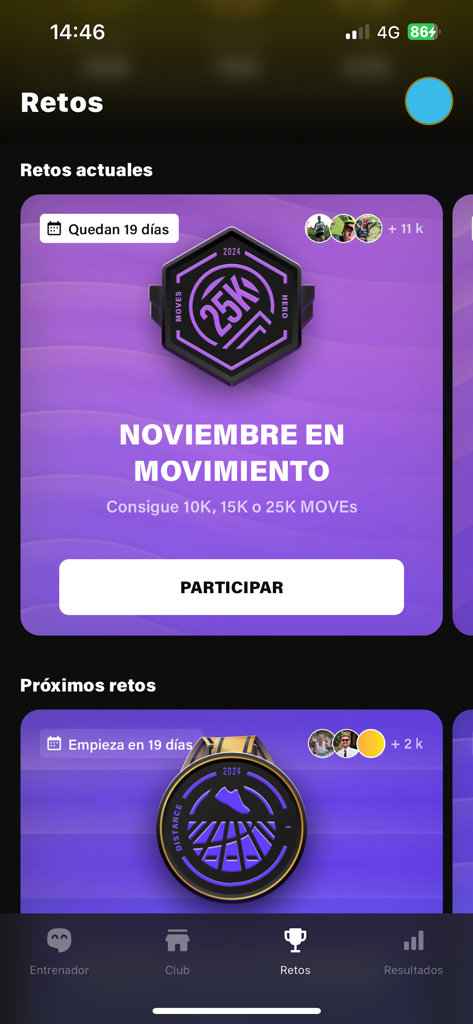 Interfaz de la aplicación de fitness SoyO2 mostrando la pantalla de desafíos con objetivos de entrenamiento activos y próximos, y recompensas