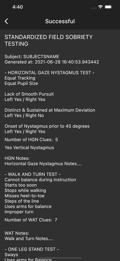 SFST Field Notepad - Digital summary of Standardized Field Sobriety Test results showing HGN and Walk and Turn clues.