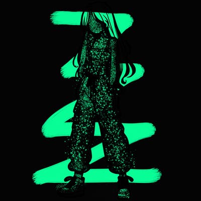 girl in baggy pants crop top and long hair