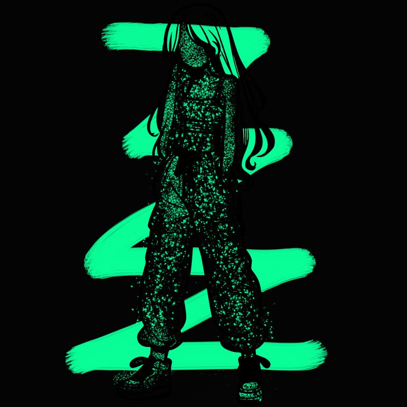 girl in baggy pants crop top and long hair