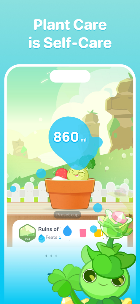 Plant Nanny app screen displaying a cute plant and hydration progress