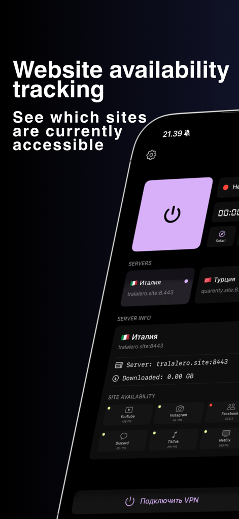 Easy VPN app interface showing real-time website availability and latency tracking for social media and streaming services