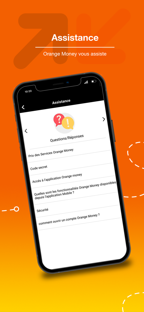よくある質問を表示するOrange Money Marocモバイルアプリのアシスタンス画面
