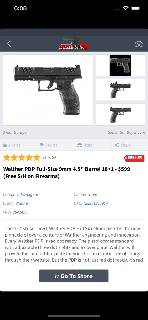 Mobile app interface showing a product listing and price for a Walther PDP Full Size 9mm handgun