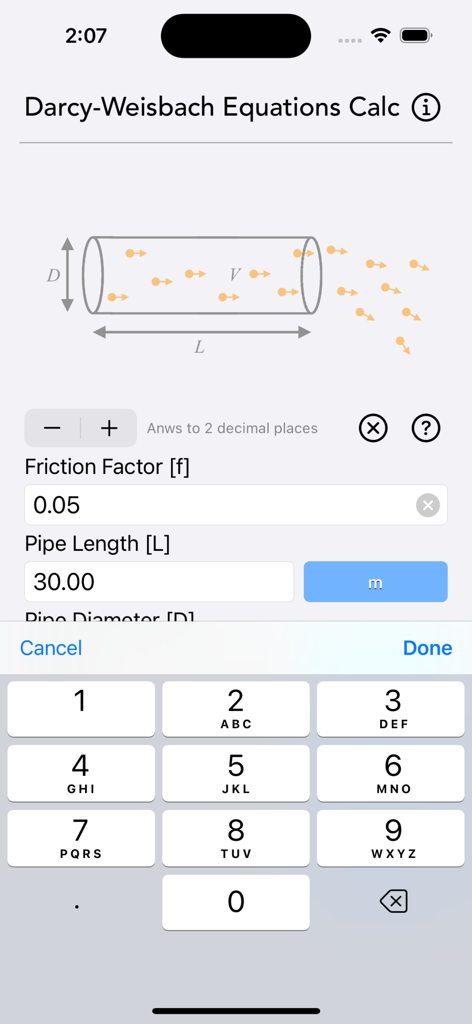 Interface of the Darcy Weisbach Equations Calc app showing a pipe diagram and input fields for friction factor and pipe length