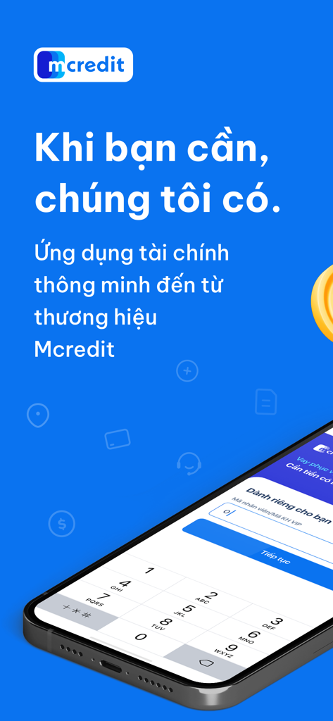 Banner de la aplicación de finanzas inteligentes Mcredit con un smartphone que muestra la pantalla de inicio de sesión
