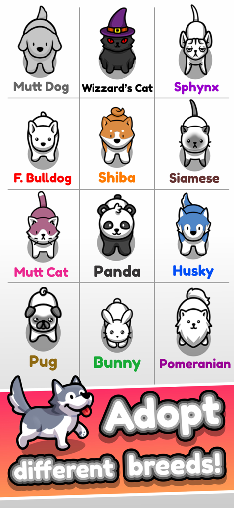Pet Idle - A menu showing different pet breeds like Shiba Husky and Siamese cat available for adoption in Pet Idle