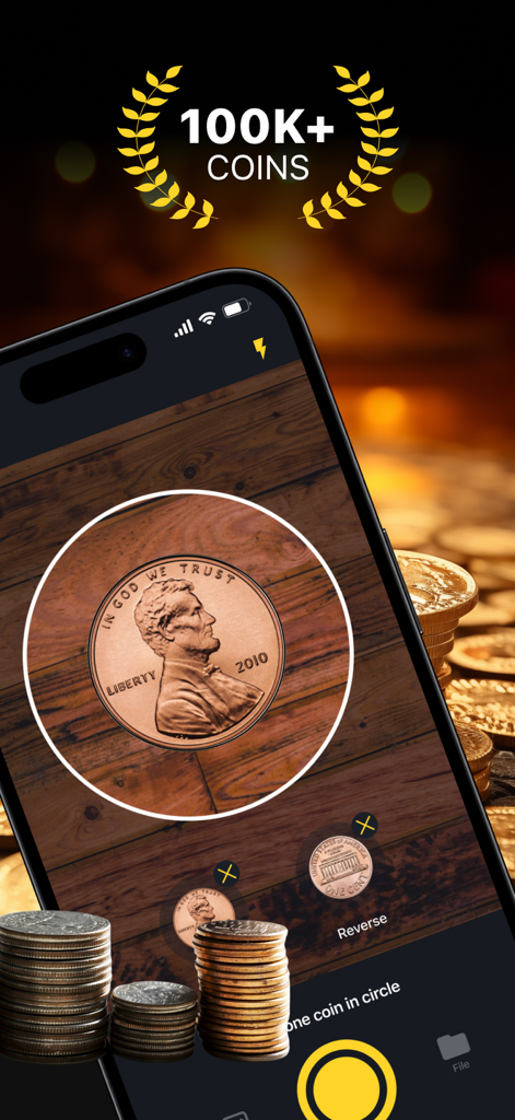 Coin Identifier: Money Scanner - Un smartphone escaneando un centavo usando la aplicación Identificador de Monedas mostrando una base de datos de más de 100.000 monedas.